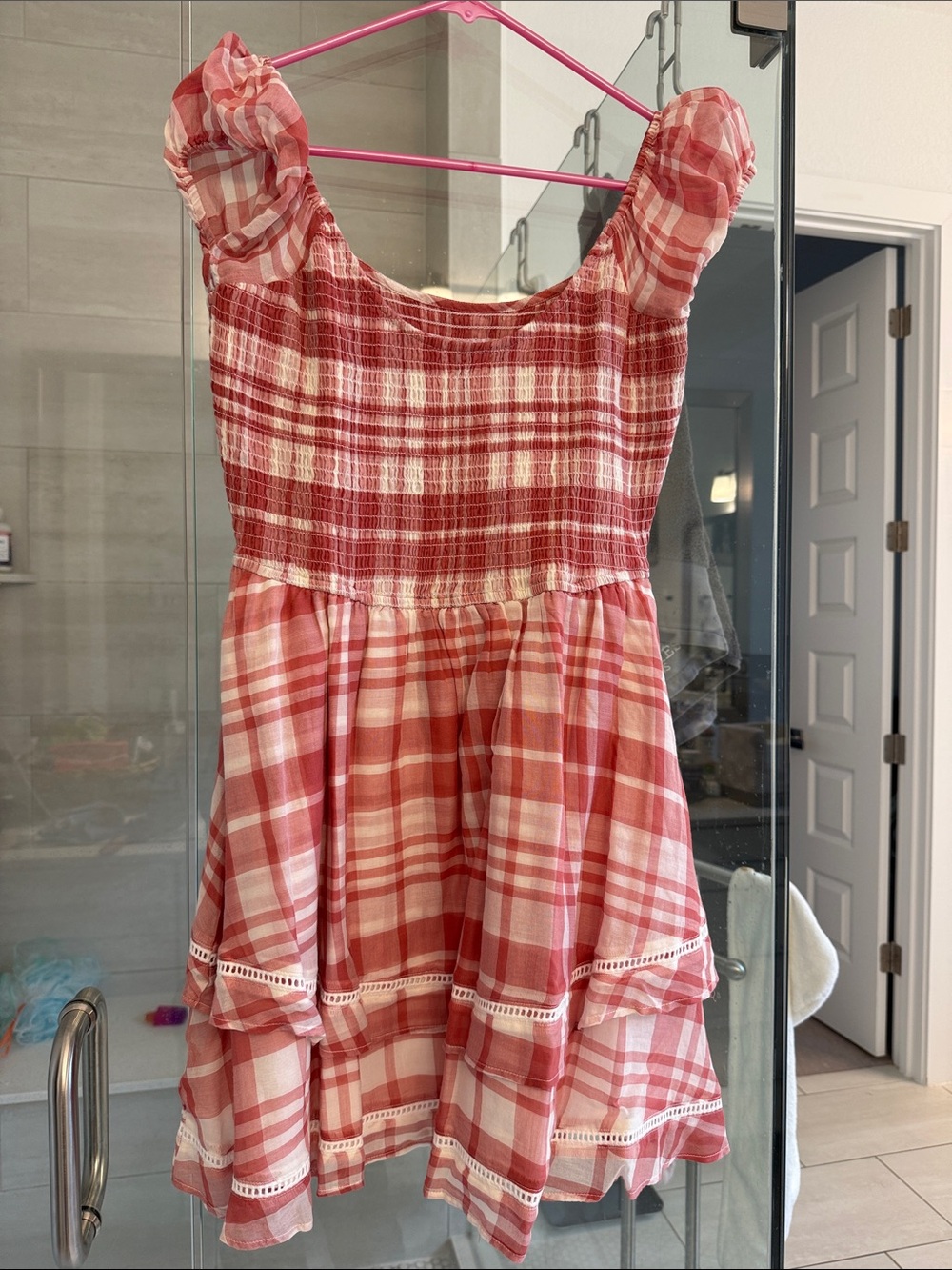 Pink Red Plaid Ruffled Sundress